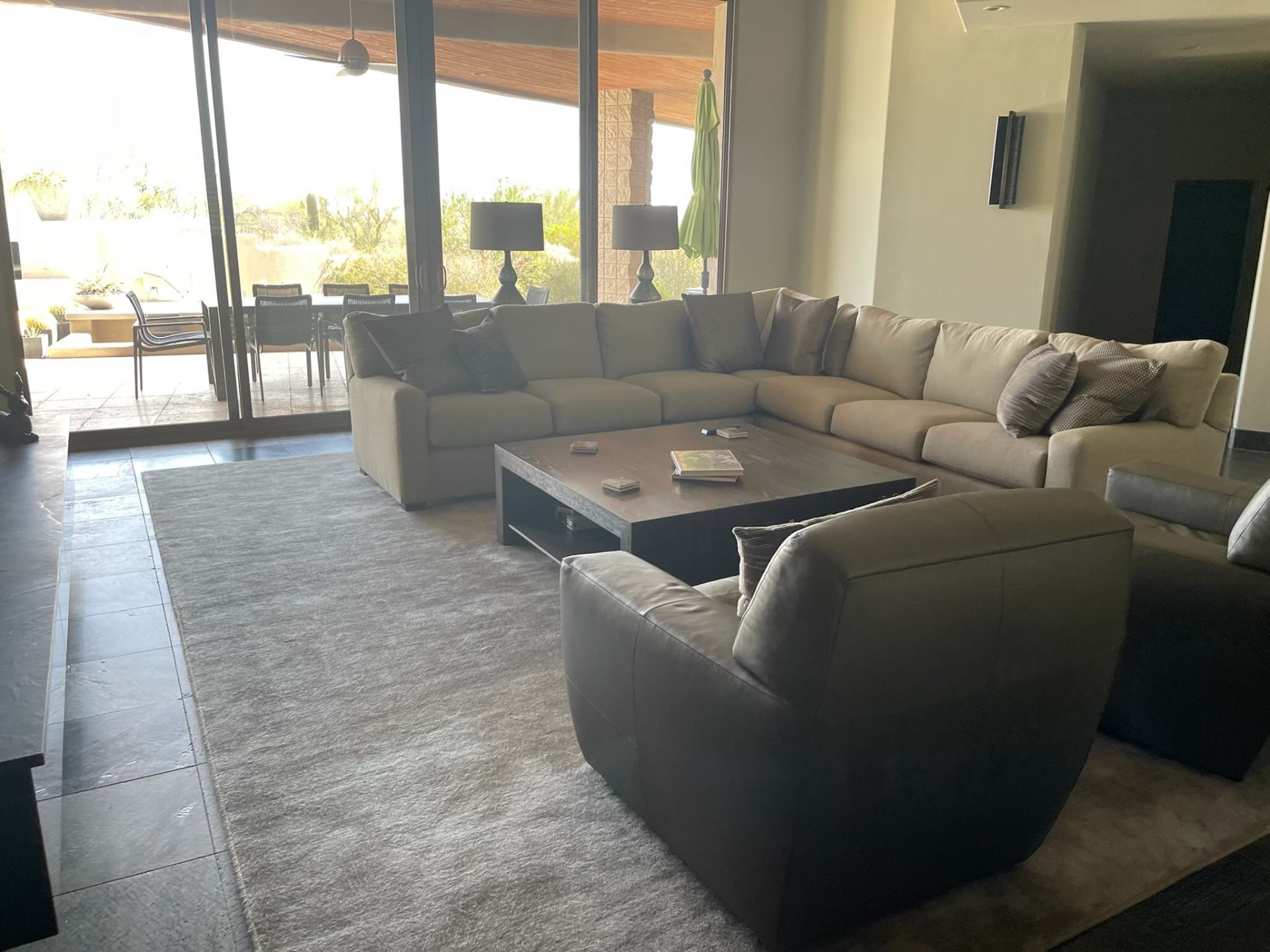 Sunlit living room with sectional and pristine rug