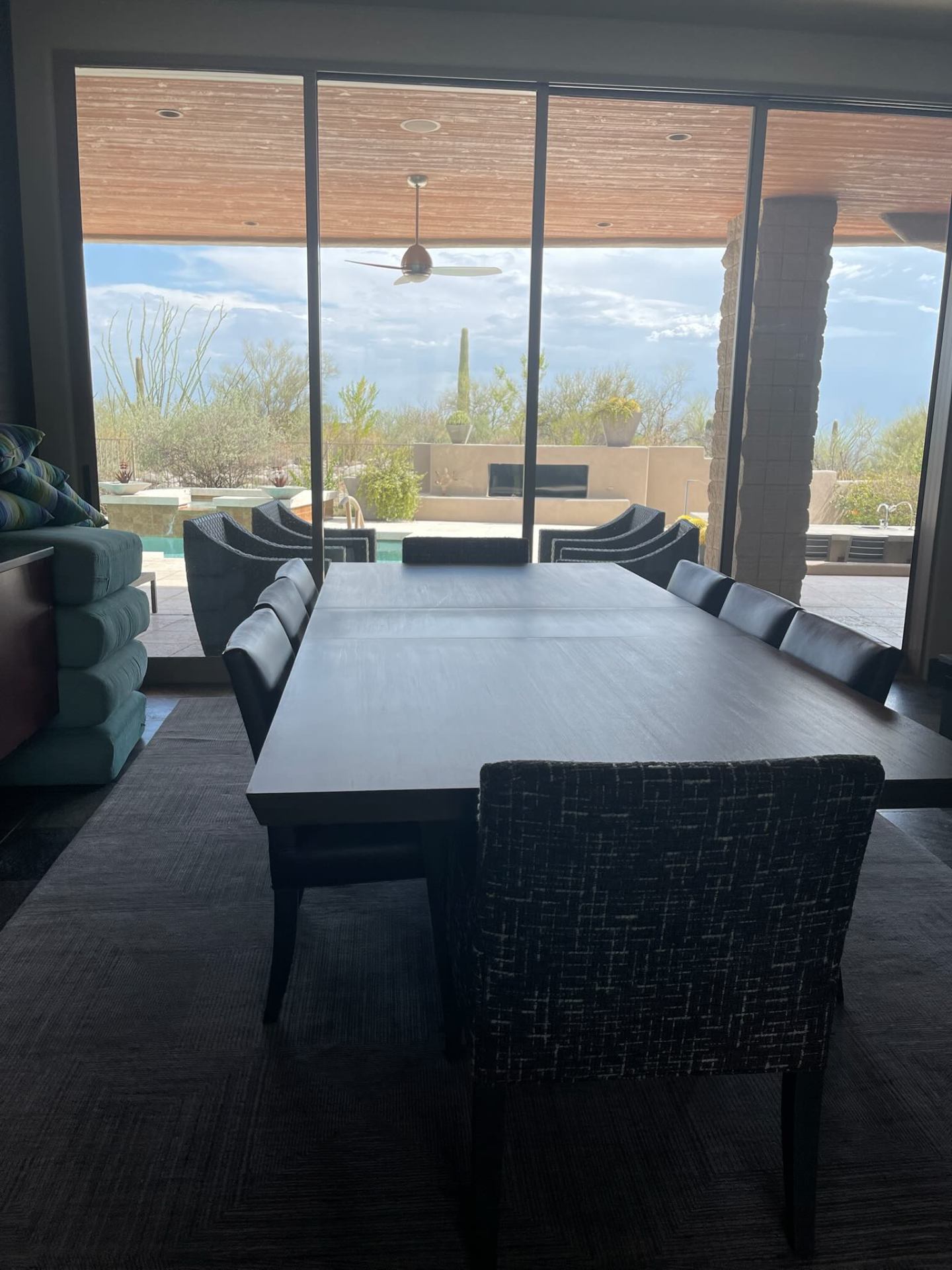 Dining room with mountain and pool view, freshly cleaned